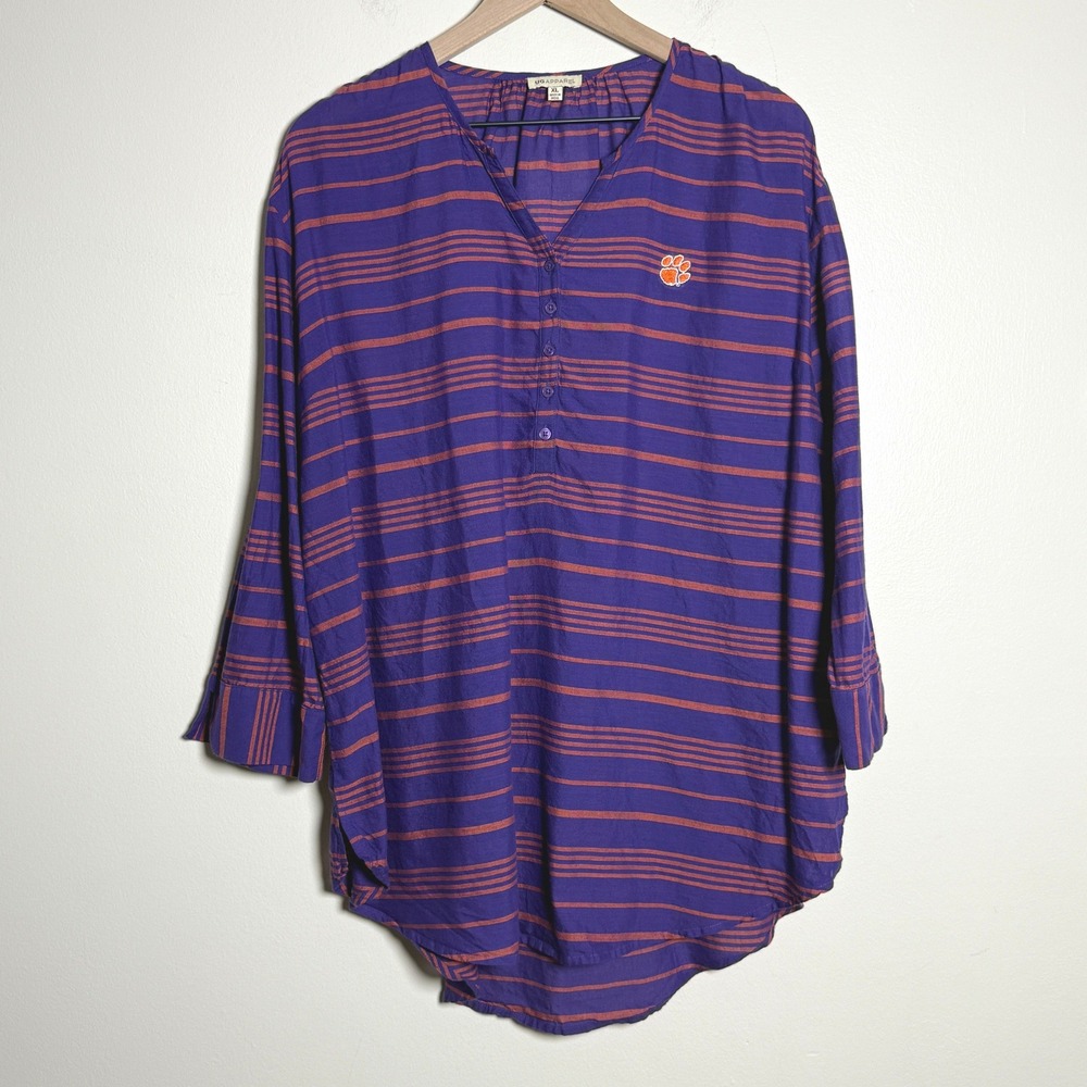 UG Apparel Clemson Tigers Purple‎ Orange Striped Henley Tunic Top XL NCAA